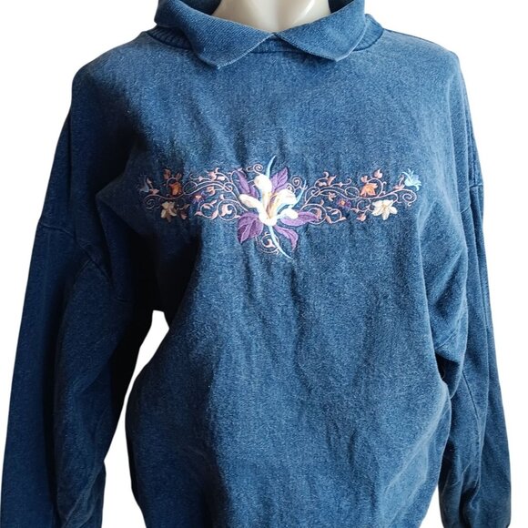 Women's Medium Vintage Sweatshirt Habitat Embroidered Floral Denim Collared Neck - Picture 1 of 8